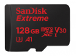 Karta pamięci Sandisk microSDXC 128 GB EXTREME 100MB/s A1 C10 V30 UHS-I U3 + adapter SD (doskonała do kamer sportowych) Przód