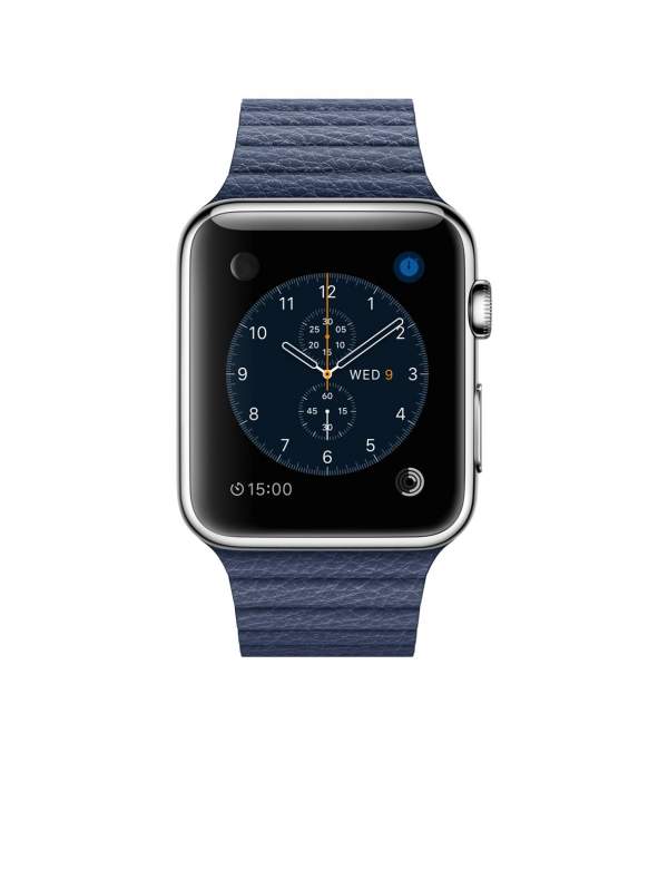 Apple Watch 42 mm ze stali nierdzewnej z paskiem skórzanym w kolorze nocnego błękitu (M)