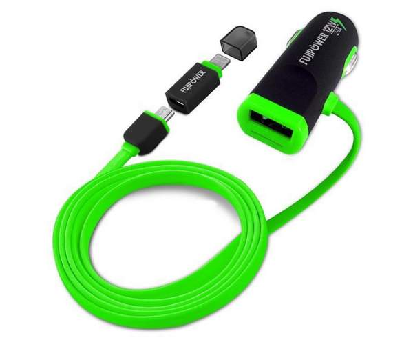 fujipower Ładowarka samochodowa USB 2.4A z kablem Micro/Lightning (zielony)
