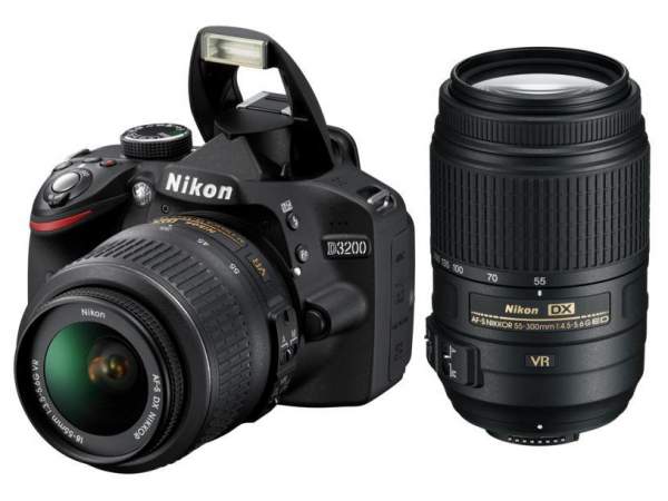 Lustrzanka Nikon D3200 czarny + ob. 18-55 VRII + 55-300 VR