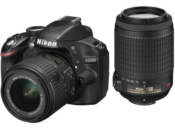 Lustrzanka Nikon D3200 czarny + ob. 18-55 VRII + 55-200 VR