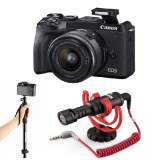 Canon EOS M6 Mark II  + obiektyw 15-45 + Rode VideoMic + Manfrotto Compact Xtreme 