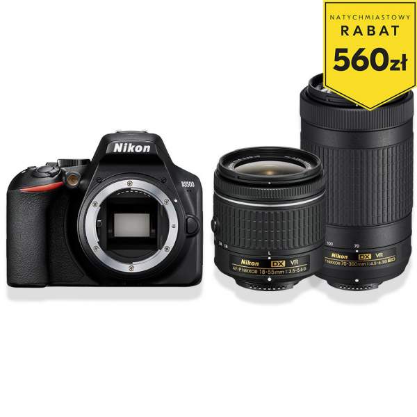 Lustrzanka Nikon D3500 + ob. AF-P DX 18-55 f/3.5-5.6G VR + ob. AF-P DX 70-300 f/4.5-6.3G ED VR