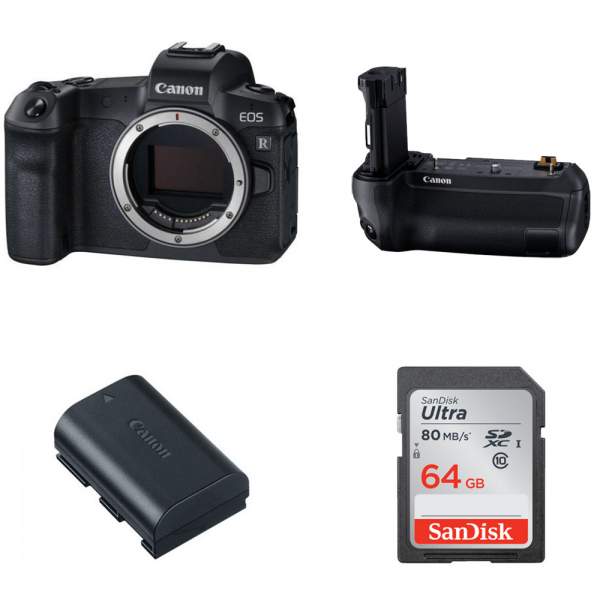 Aparat cyfrowy Canon EOS R body + adapter EF-EOS R + grip BG-22 + bateria LP-E6N + karta SD 64GB 