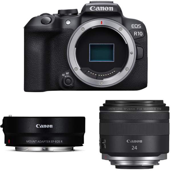Aparat cyfrowy Canon EOS R10 + adapter EF-EOS R + RF 24mm f/1.8 Macro IS STM 