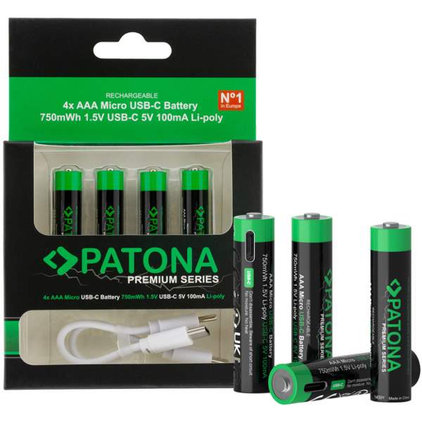 Akumulatory Patona Premium 4x Akumulatory AAA z USB-C i kablem USB-C 2 do 1