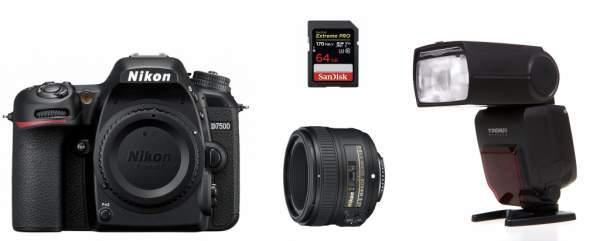 Lustrzanka Nikon D7500 + ob.50mm f/1.8G + lampa YN-685 + karta 64GB - zestaw do fotografii portretowej