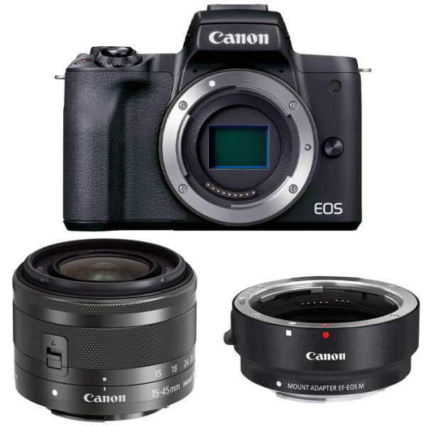 Aparat cyfrowy Canon EOS M50 Mark II czarny + ob. 15-45 F3.5-6.3 + adapter EF-EOS M