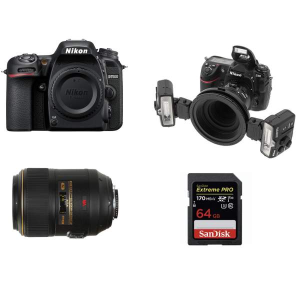 Lustrzanka Nikon D7500 + ob.105 mm f/2.8G AF-S VR IF-ED MICRO + lampa SB-R1 + SDXC 64 GB Zestaw do fotografii stomatologicznej