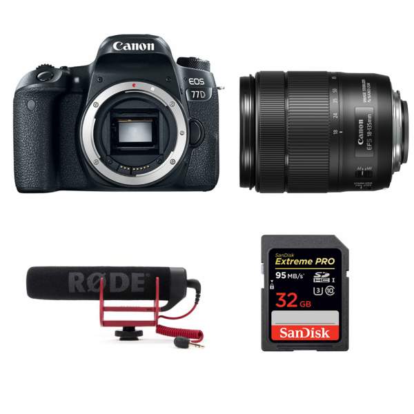 Lustrzanka Canon zestaw EOS 77D body + mikrofon Rode VideoMic Go + ob. 18-135 mm f/3.5-5.6 EF-S IS USM Nano (OEM) + karta SD 32GB