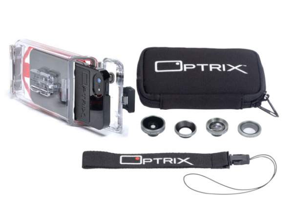 Optrix PRO - zestaw dla iPhone 5/5S/SE (wodoodporne etui, 4x obiektywy z pokrowcem, smycz)