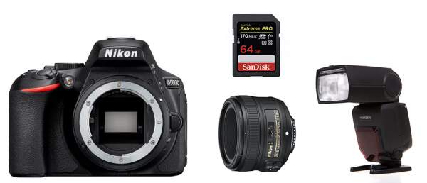 Lustrzanka Nikon D5600 + ob.50mm f/1.8G + lampa YN-685 + karta- zestaw do fotografii portretowej