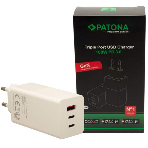 Patona Premium GaN PD 100W 2xUSB-C 1xUSB-A PD 3.0 QC 3.0